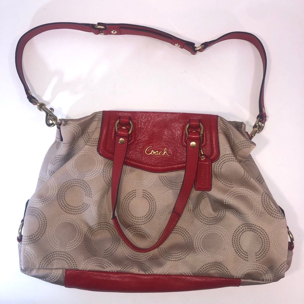 Coach Ashley Dotted Op Art Carryall No F20049 Gold/Khaki/Red